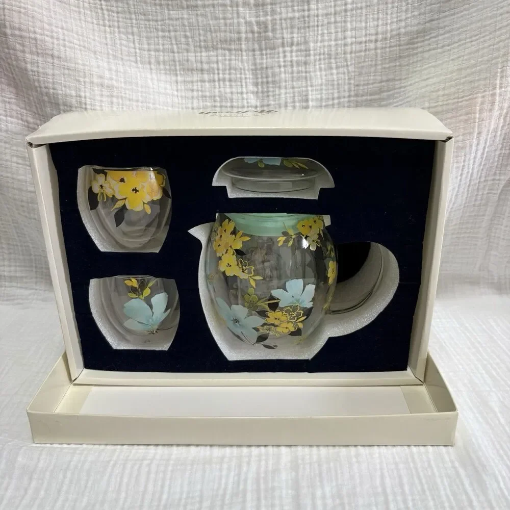 Vintage Cypress Refresh Glass Teapot Infuser 2 Double Wall Cups HandPainted NIOB
